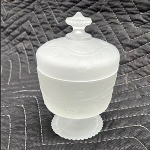 Vintage Lidded Frosted Glass Dish Retro Mid Century Modern MCM Antique VTG White